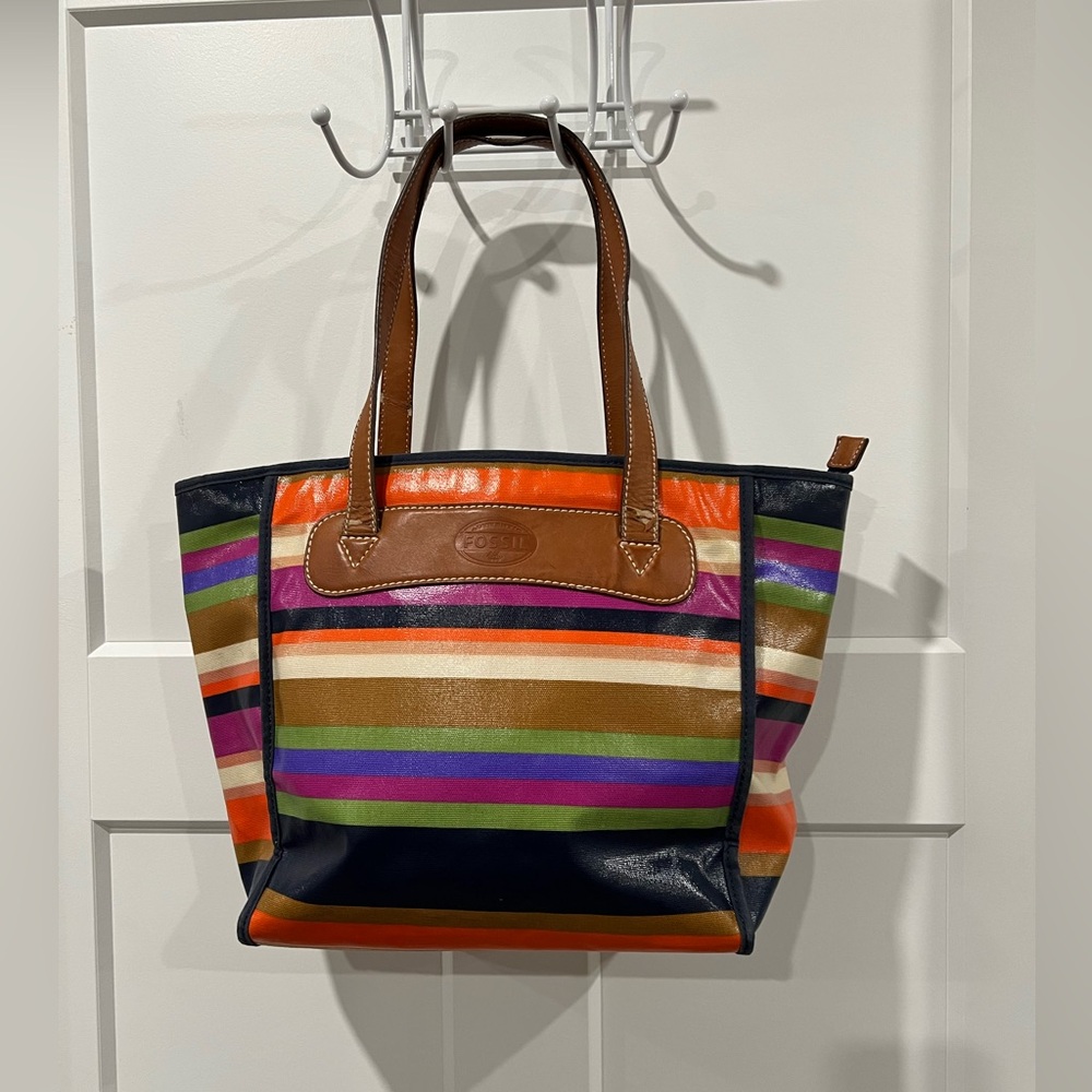 Fossil Key-Per Shopper Multicolor Striped Tote Bag Women's Handbag
